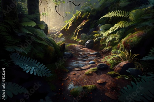 Spring Morning Forest Trail Path Scene with Lush Ferns Moss Trees Rocks Streams Inspired by Pacific Northwest Rainforests Washington State Background Image