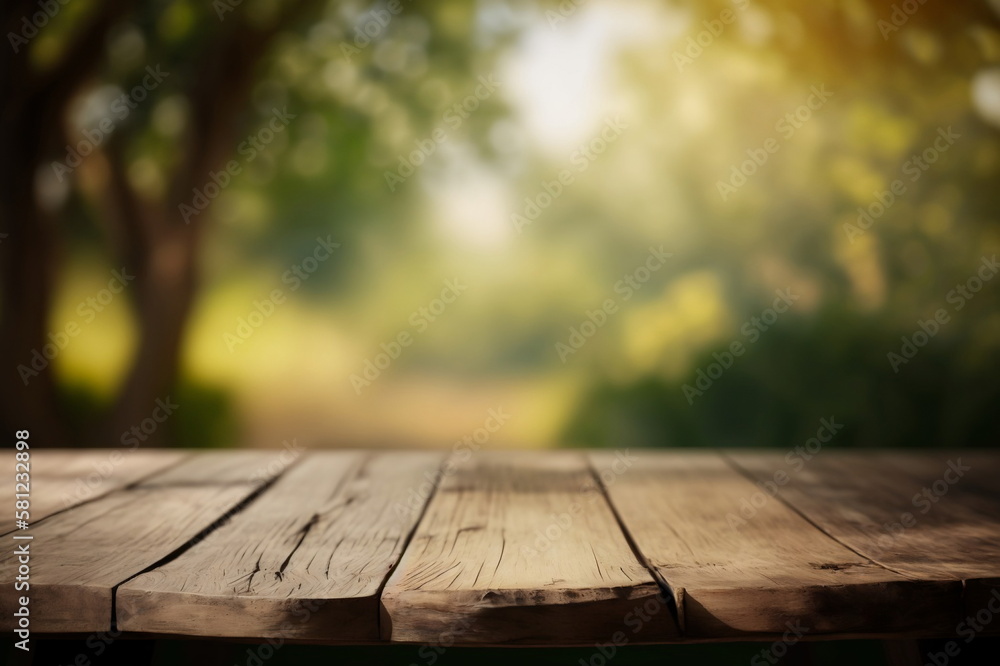 Empty wooden table in front for product display with blurred garden background. Ai generative