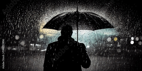 Silhouette of a person carrying an umbrella in the rain