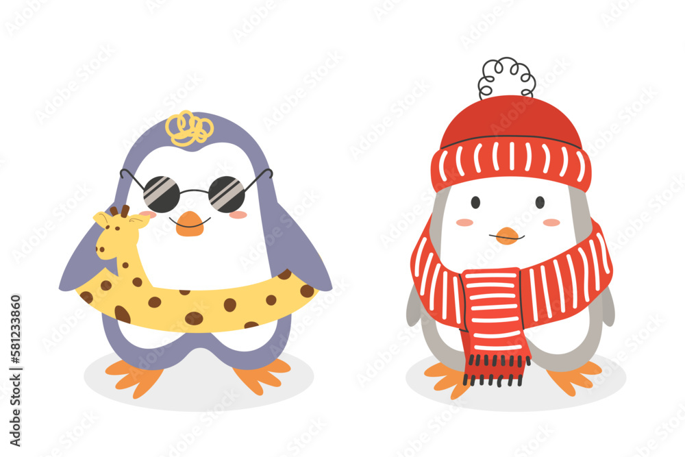 Winter and summer penguins. Cute cartoon penguins in flat style. 