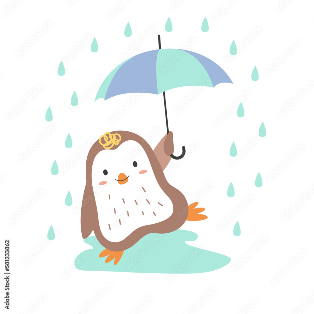 Fototapeta premium Autumn penguin. Cute cartoon penguins in flat style. Penguin with umbrella
