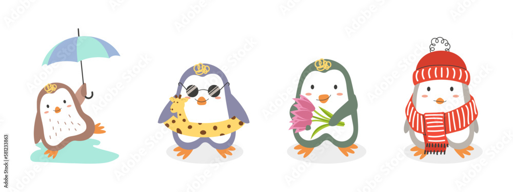 Penguins in different seasons.  Cute cartoon penguins in flat style. Autumn, winter, spring and summer penguins. 