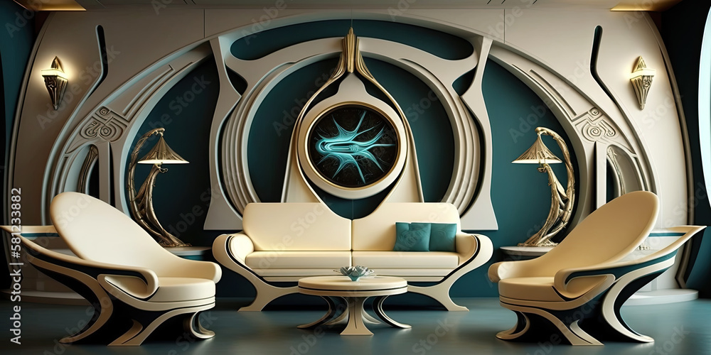 Fantasy future interior design with strange furniture - Generative AI