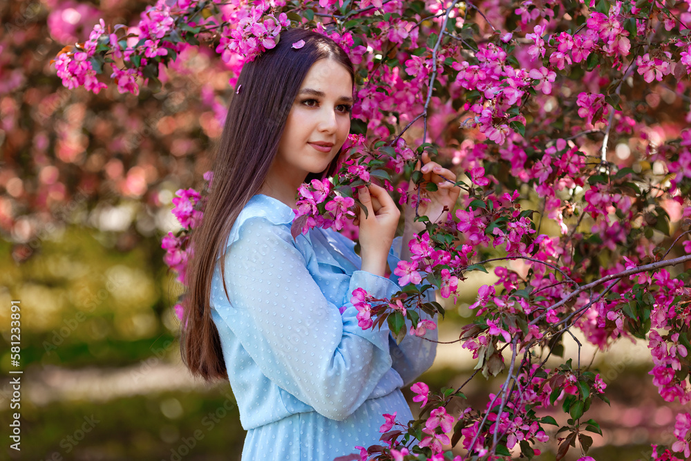 A girl , ong hair ,blue dress, stands near a pink blooming apple tree