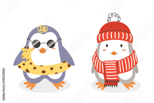 Winter and summer penguins. Cute cartoon penguins in flat style. 
