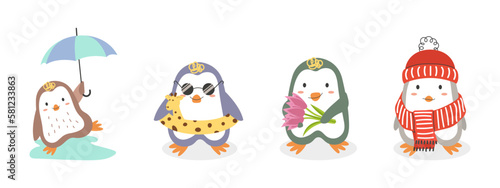 Penguins in different seasons. Cute cartoon penguins in flat style. Autumn, winter, spring and summer penguins. 