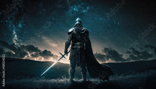 An intimidating crusader stands resolutely against a starry night sky holding his longsword offensively before him. Fantasy art. AI generation. photo