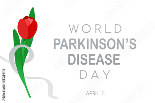 World Parkinson's disease day background. Horizontal poster template with red tulip and gray ribbon, awareness symbols. Vector illustration isolated on white backdrop