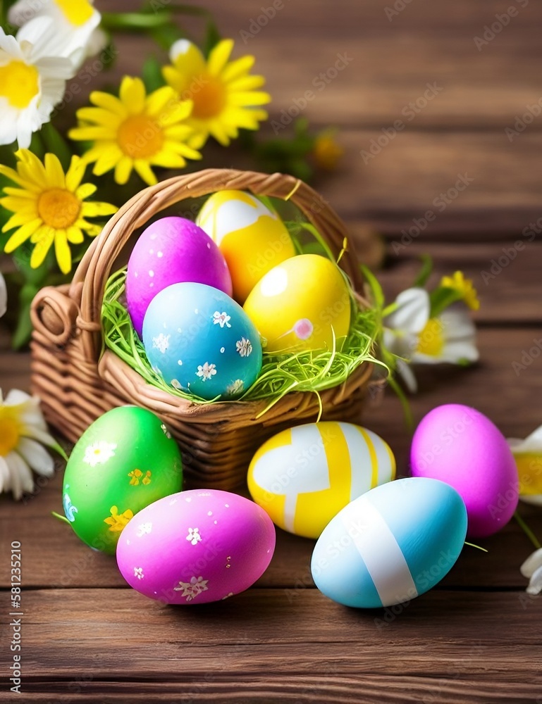 Hermosos huevos de pascua coloridos en madera azul, aster 2023, huevos de pascua 2023 decorados en una canasta junto con flores, feliz celebración navideña de pascua Hermosos huevos de pascua coloridos en madera azul, aster 2023, huevos de pascua 2023 decorados en una canasta junto con flores, feliz celebración navideña de pascua