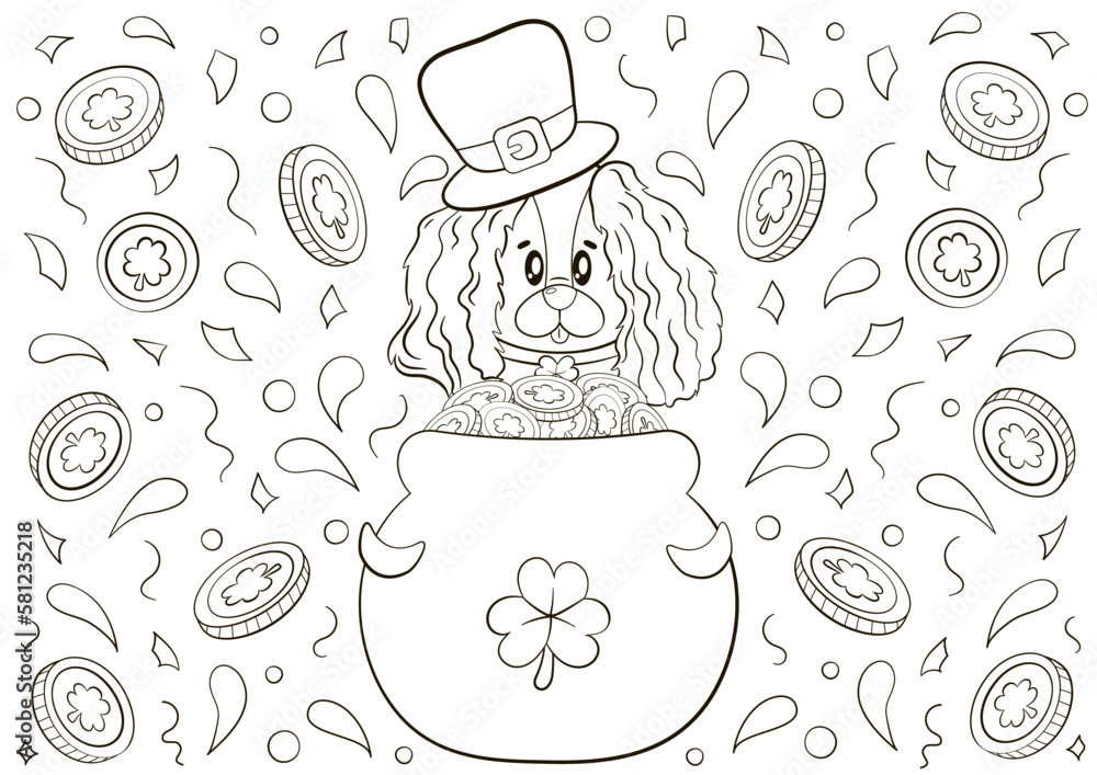 Cute coloring page for St Patrick's Day with dog character in cauldron ...