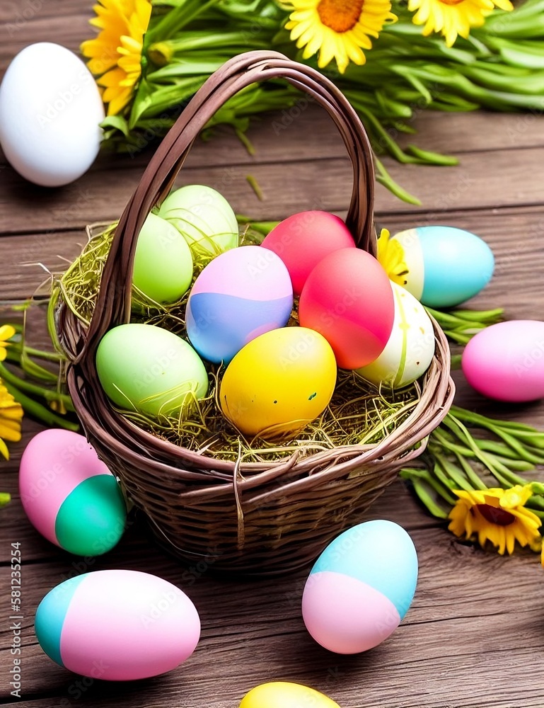 Huevos de Pascua en cesta en madera, con flores al rededor y encima de una mesa de madera