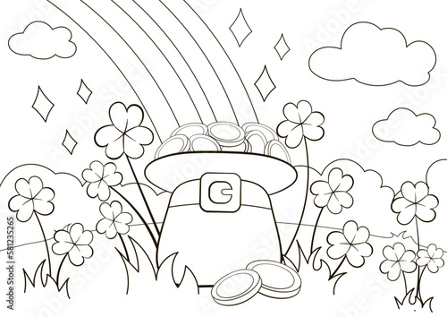 Cute coloring page for St Patrick's Day with lucky leprechaun hat and clover with coins, printable game for kids, black and white doodle for children