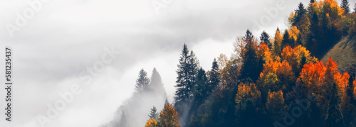 foggy autumn landscape, wonderful sunset in the mountains, Carpathian mountains, Ukraine, Europe 