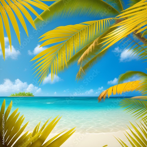 beautiful view of a sunny tropical beach with palm trees and sand  water with a reflection of the sky  shells  generated in AI