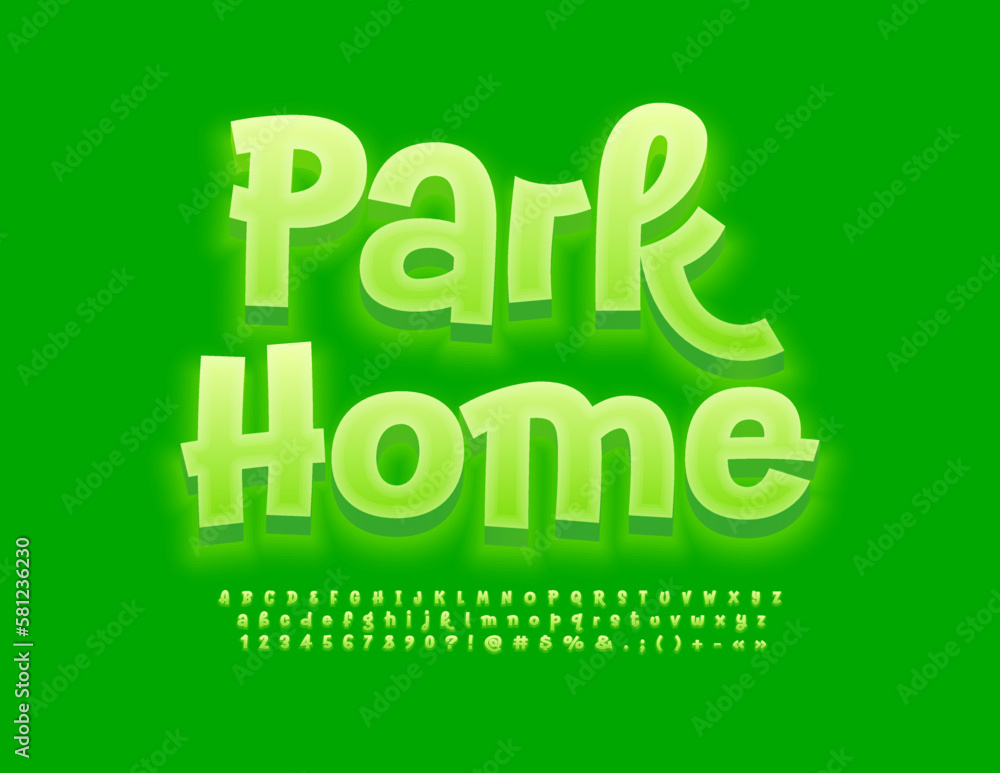 Naklejka premium Vector bright emblem Park Home with handwritten Alphabet Letters, Numbers and Symbols set. Green artistic Font