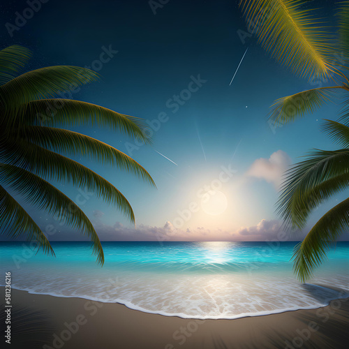beautiful view of the evening tropical beach with palm trees and sand, water with moon reflection, sunrise, sunset, fantasy, generated in AI