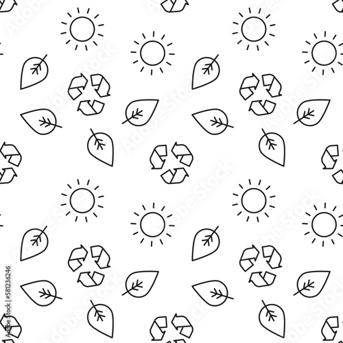 Seamless pattern of sun, leaf, recycle. Perfect for wallpapers, covers, backgrounds, fabric, textile