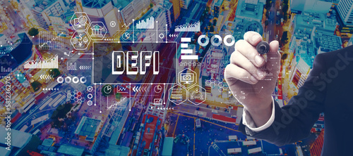 DeFi - Decentralized Finance theme with businessman in a city at night