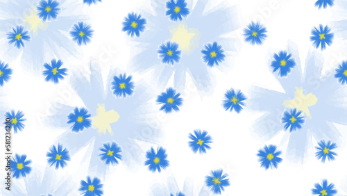 Small blue flowers seamless pattern. Hand drawn blue watercolor flowers chaotic vector pattern. Floral seamless pattern. Blue yellow spots, dots on a white background for fabric, textile, wrapping