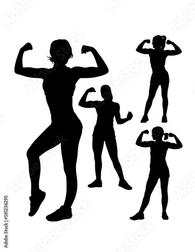 Strong girl showing her biceps silhouette, bodybuilding pose gym sport training black shadow