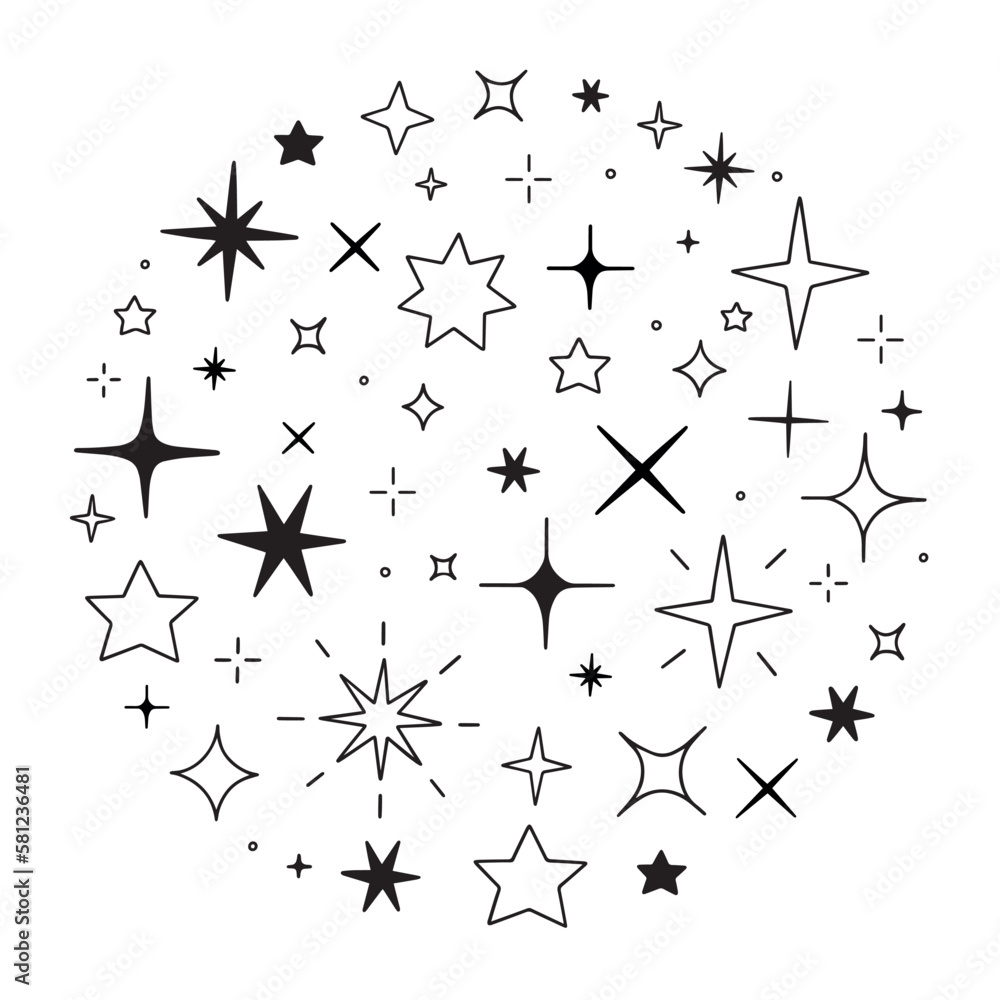 Sparkles and Twinkling stars doodle set. Glitter burst, shining star, falling star, firework, magic sparkle icons. Hand drawn vector illustration isolated on white background. Sparkles and Twinkling stars doodle set. Glitter burst, shining star, falling star, firework, magic sparkle icons. Hand drawn vector illustration isolated on white background.