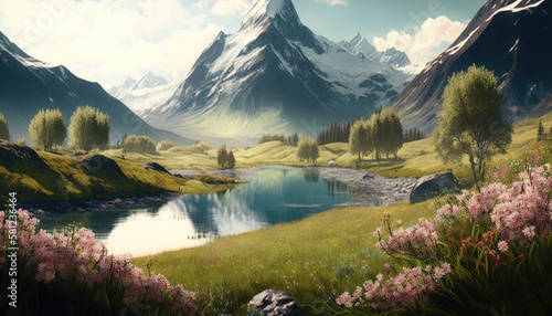 Idyllic mountain landscape in the alps with blooming meadows in springtime. Generative AI illustration. © Vitaly Art