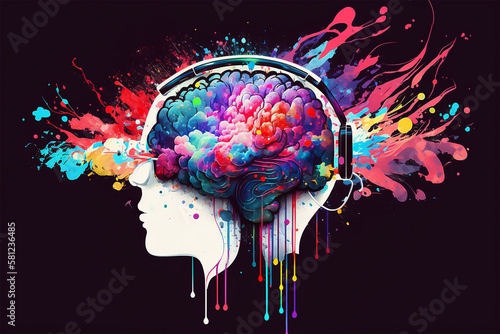 human brain listening to music in headphones, colorful paint explosion. generative ai