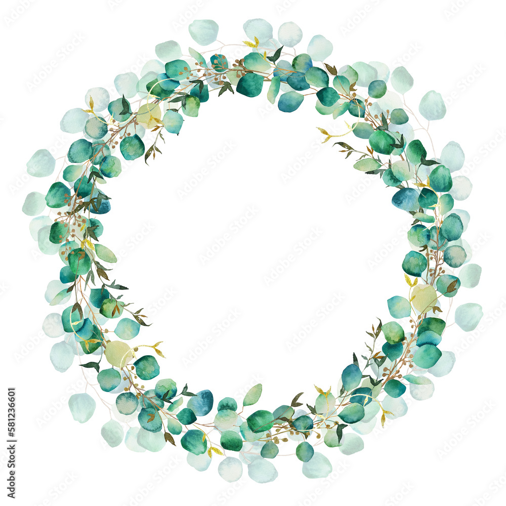 Wreath of watercolor green leaves and eucalyptus branch. Hand drawn illustration isolated on white background. Botanical illustration. Wreath of watercolor green leaves and eucalyptus branch. Hand drawn illustration isolated on white background. Botanical illustration.