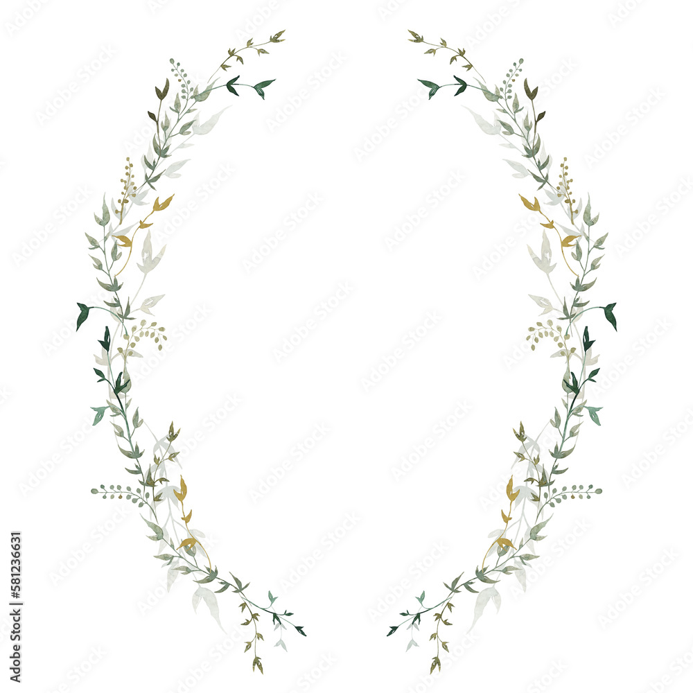 Wreath of watercolor green leaves and eucalyptus branch. Hand drawn illustration isolated on white background. Botanical illustration. Wreath of watercolor green leaves and eucalyptus branch. Hand drawn illustration isolated on white background. Botanical illustration.