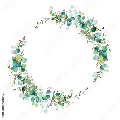 Wreath of watercolor green leaves and eucalyptus branch. Hand drawn illustration isolated on white background. Botanical illustration.