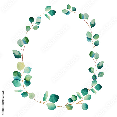 Wreath of watercolor green leaves and eucalyptus branch. Hand drawn illustration isolated on white background. Botanical illustration.