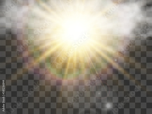 Vector illustration of the sun shining through the clouds. Sunlight. Cloudy vector.