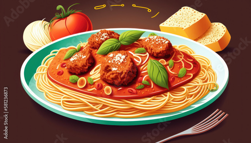 food spaghetti pasta restaurant meat balls cheese Generative AI, Generativ, KI