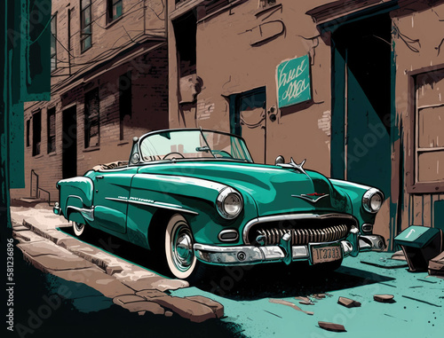 A classic 1950s convertible parked in a longforgotten alleyway the paint colour faded with age. Lifestyle concept. AI generation. © Justlight