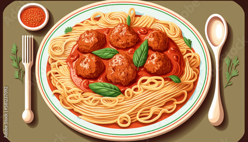 food spaghetti pasta restaurant meat balls cheese Generative AI, Generativ, KI