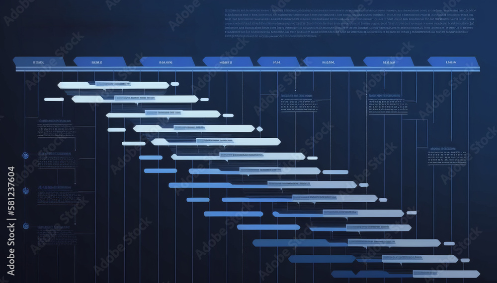 Dark blue-themed project management template with Gantt chart planning schedule with tasks and milestones for business presentations - Generative AI Dark blue-themed project management template with Gantt chart planning schedule with tasks and milestones for business presentations - Generative AI