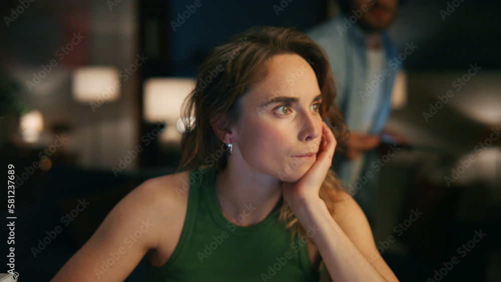 Contemplative freelancer pondering table remotely closeup. Girl watching laptop Contemplative freelancer pondering table remotely closeup. Girl watching laptop