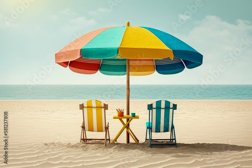 Umbrella and two chairs on the beach  prepared for sunbathing by the water. The concept of holidays and a good holiday. Generative ai