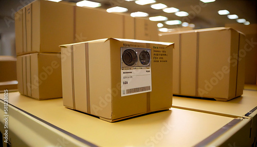 In a temperature controlled, sterile chamber at the processing factory, stacked cardboard packages and export goods are displayed. Generative AI photo