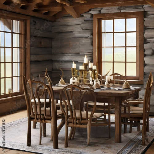 A rustic room with a rough-hewn wood table and eight chairs The table is set with earthenware dishes and bare essentials A carved wooden bear rests on the sideboard, and the walls are hung with deer a