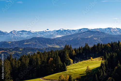 Beautiful alpine landscape with green meadows  alpine cottages and mountain peaks  Austria