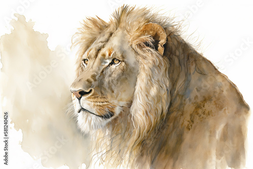 Generative AI, watercolor drawing of a male lion. Animal illustration
