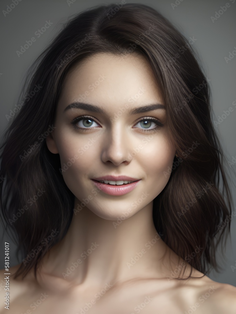 Obraz premium Beautiful woman brunette beauty close-up portrait on gray background. Generative AI