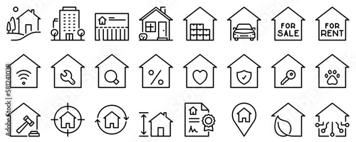 Line icons about home and real estate on transparent background with editable stroke.