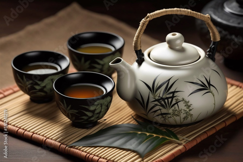 China tea ceremony, teapot and teacups with hot drink on bamboo mat, Generative AI