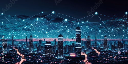 Telecommunications infrastructure above cities, 5G LTE data connections, wireless mobile internet technology for smart grids, and concepts of Internet of Things, fintech, blockchain - Generative AI