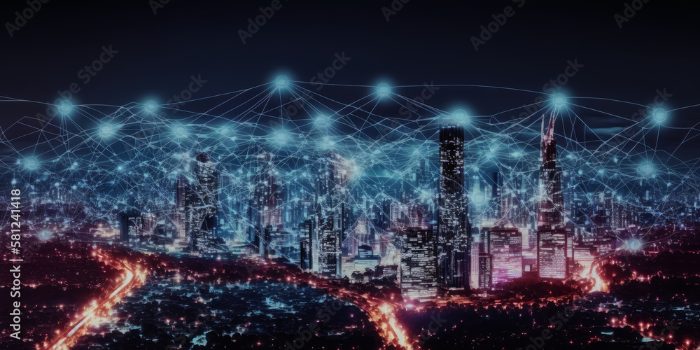 Telecommunications infrastructure above cities, 5G LTE data connections, wireless mobile internet technology for smart grids, and concepts of global commerce, fintech, blockchain - Generative AI Telecommunications infrastructure above cities, 5G LTE data connections, wireless mobile internet technology for smart grids, and concepts of global commerce, fintech, blockchain - Generative AI