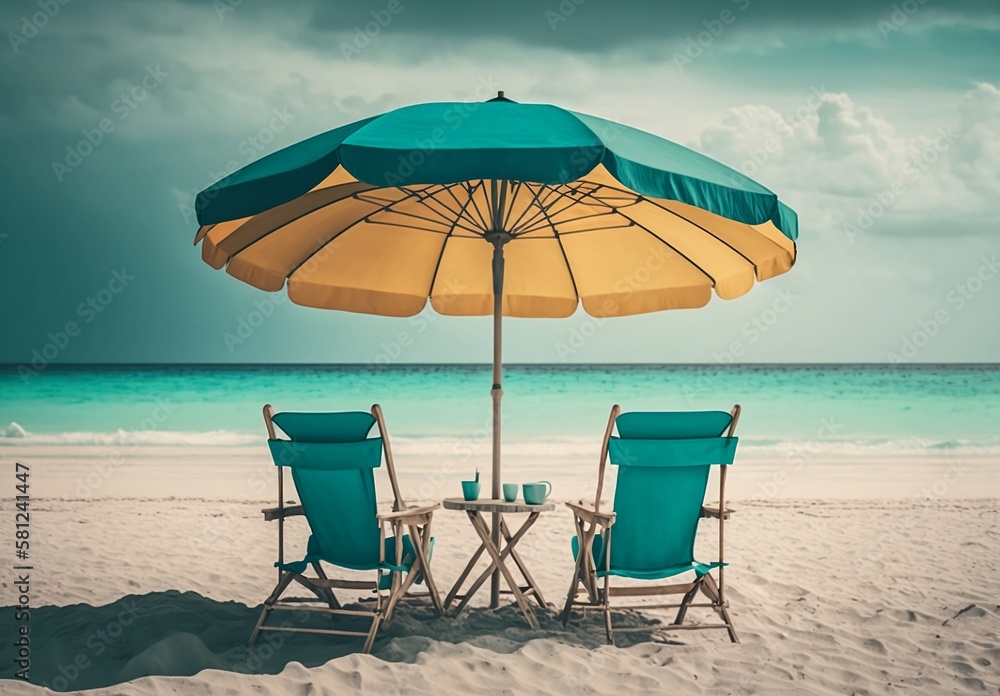 Chairs And Umbrella In Tropical Beach - Seascape Banner, generative ai