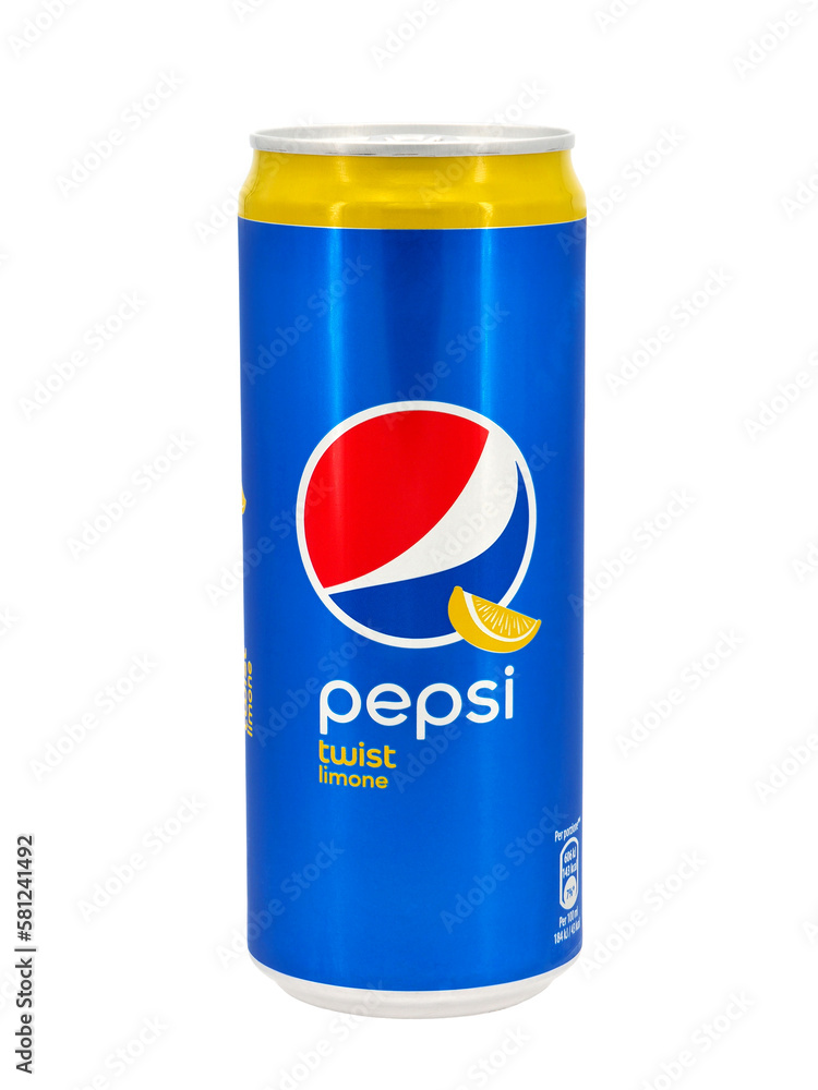 ROME, ITALY MARCH 14, 2023. Pepsi Twist Lemon can isolated on white
