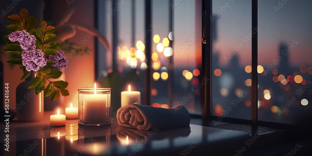 evening cozy home on window top romantic candles and flowers ,view on night street buildings and blurred trafic light,generated ai evening cozy home on window top romantic candles and flowers ,view on night street buildings and blurred trafic light,generated ai